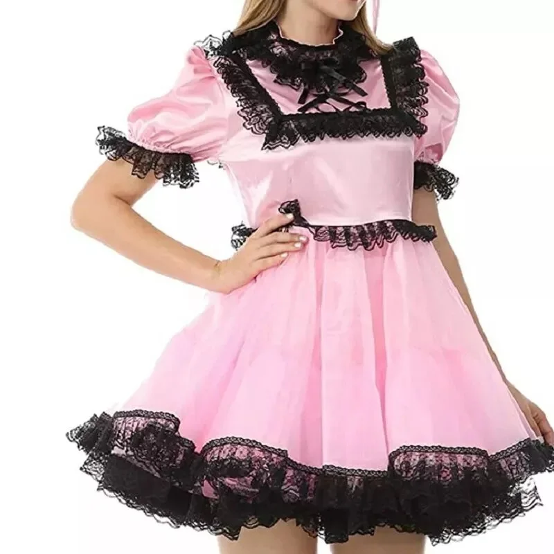Sexy empregada francesa rosa cetim manga curta com fechadura renda preta babados vestido empregada cosplay traje customizável