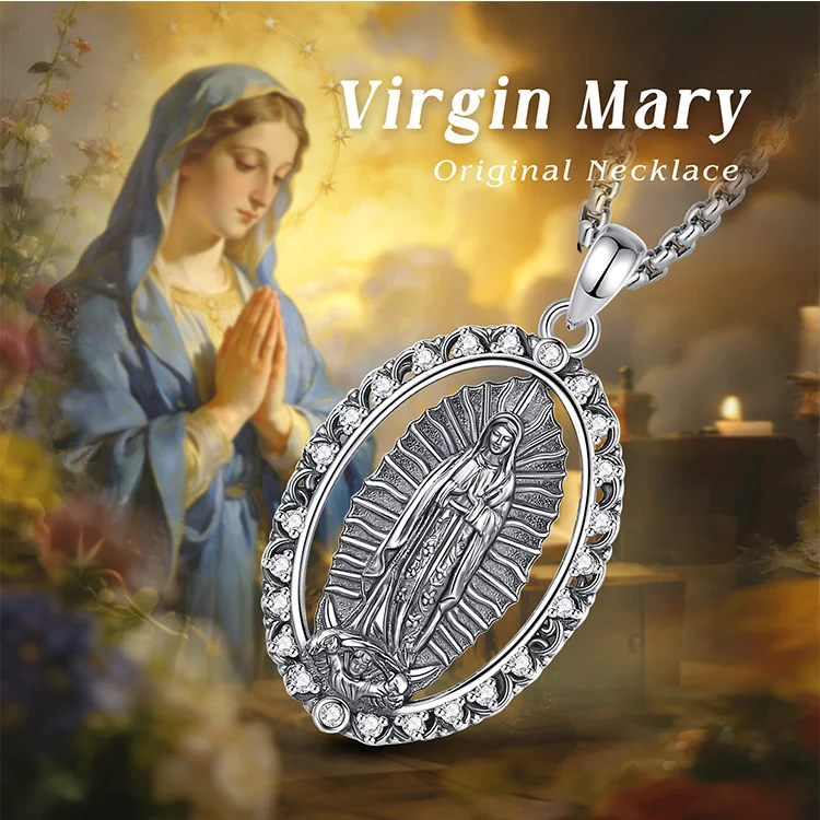 Eudora Jungfrau Maria Halskette Silberbeschichtetes Kupfer Unsere Liebe Frau von Guadalupe Anhänger Kubischer Zirkonia Religiöser Schmuck für Frauen und Männer – Detail 1