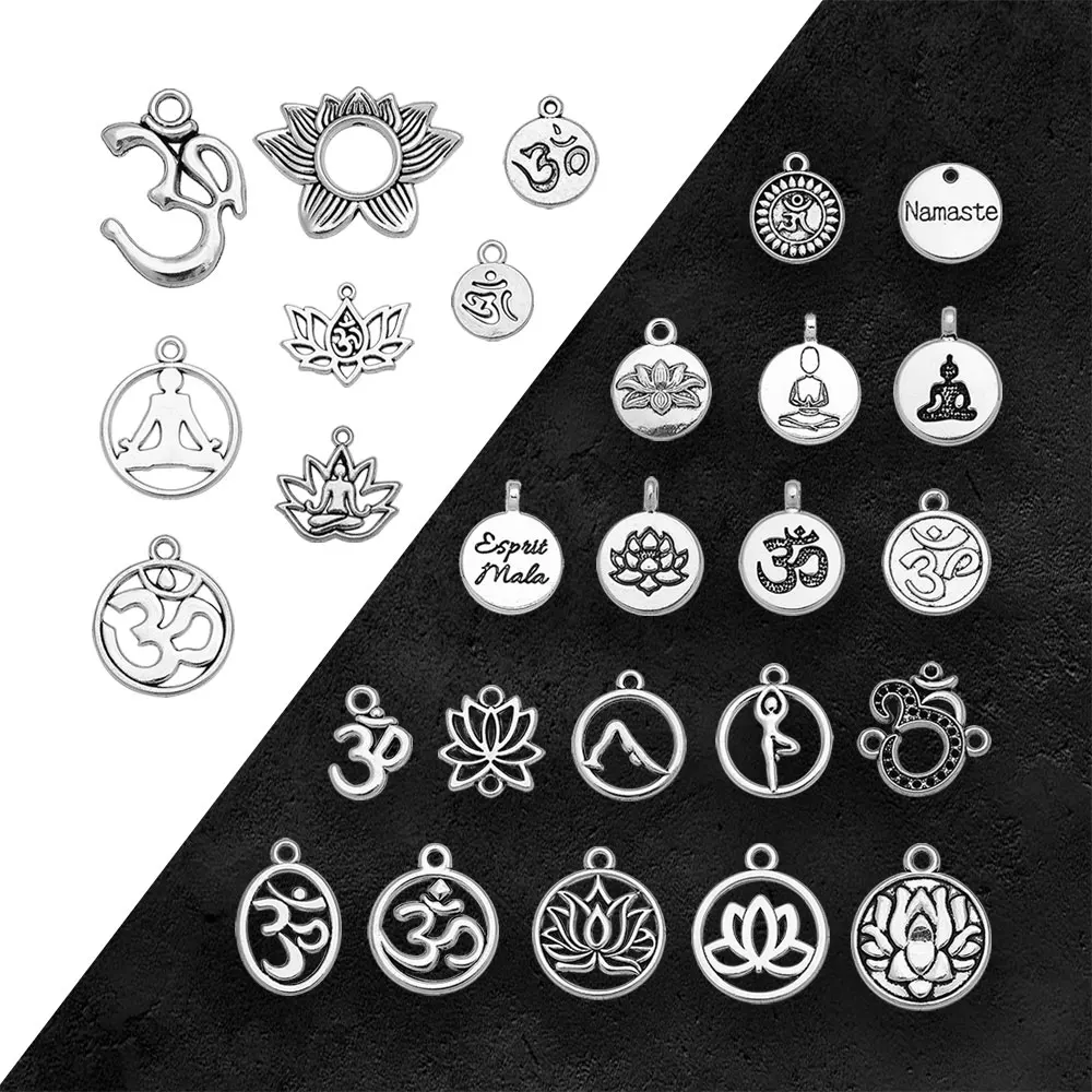 Antique Silver Plated Yoga Namaste Om Charms Lotus Flower Pendants For Diy Earring Jewelry Making Findings Supplies Accessories