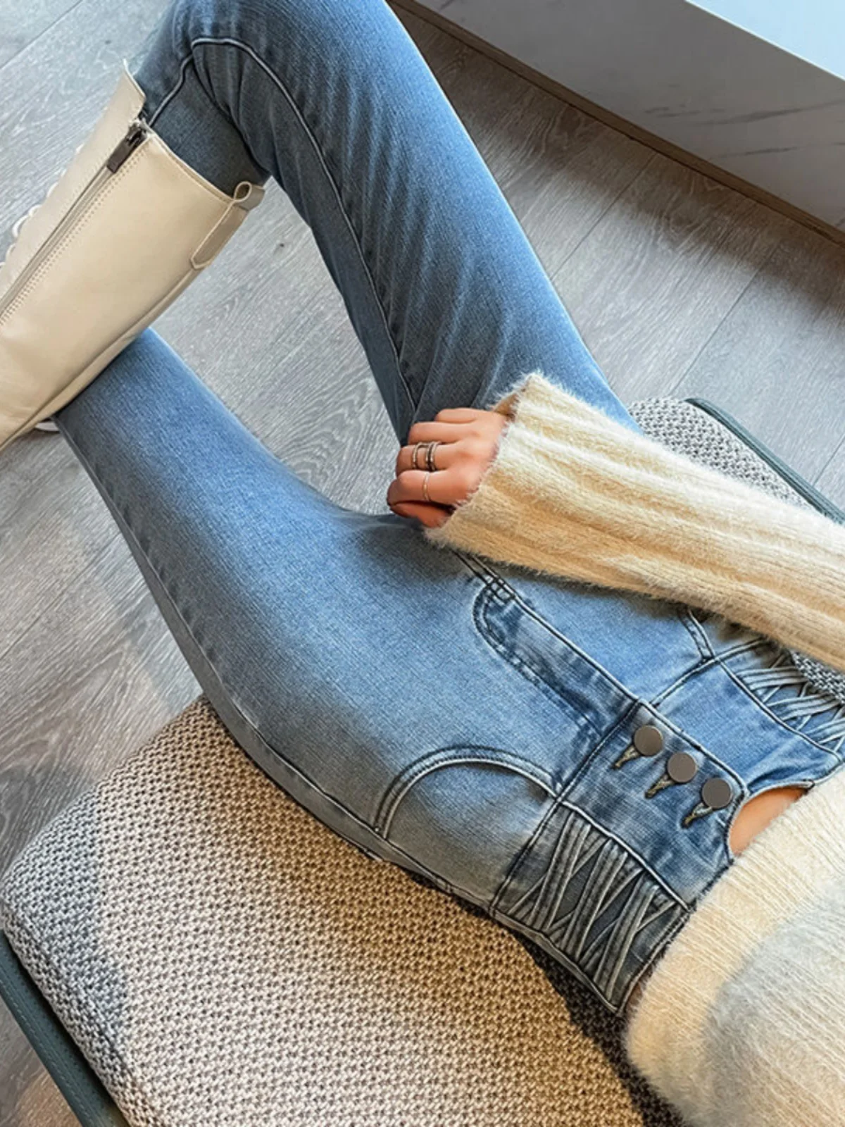 

Эластичные утягивающие женские джинсы с высокой талией, весна 2024, новые корейские эластичные универсальные брюки-карандаш, модные длинные хлопковые джинсы