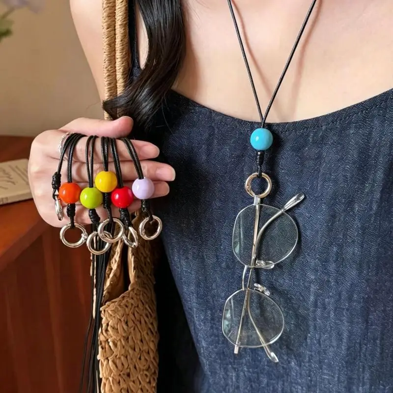 ●Fashion Colorful Round Bead Decorative Eyeglass Hanger String Retro Black Wax Thread Adjustable Sunglasses Prevent LossNecklace