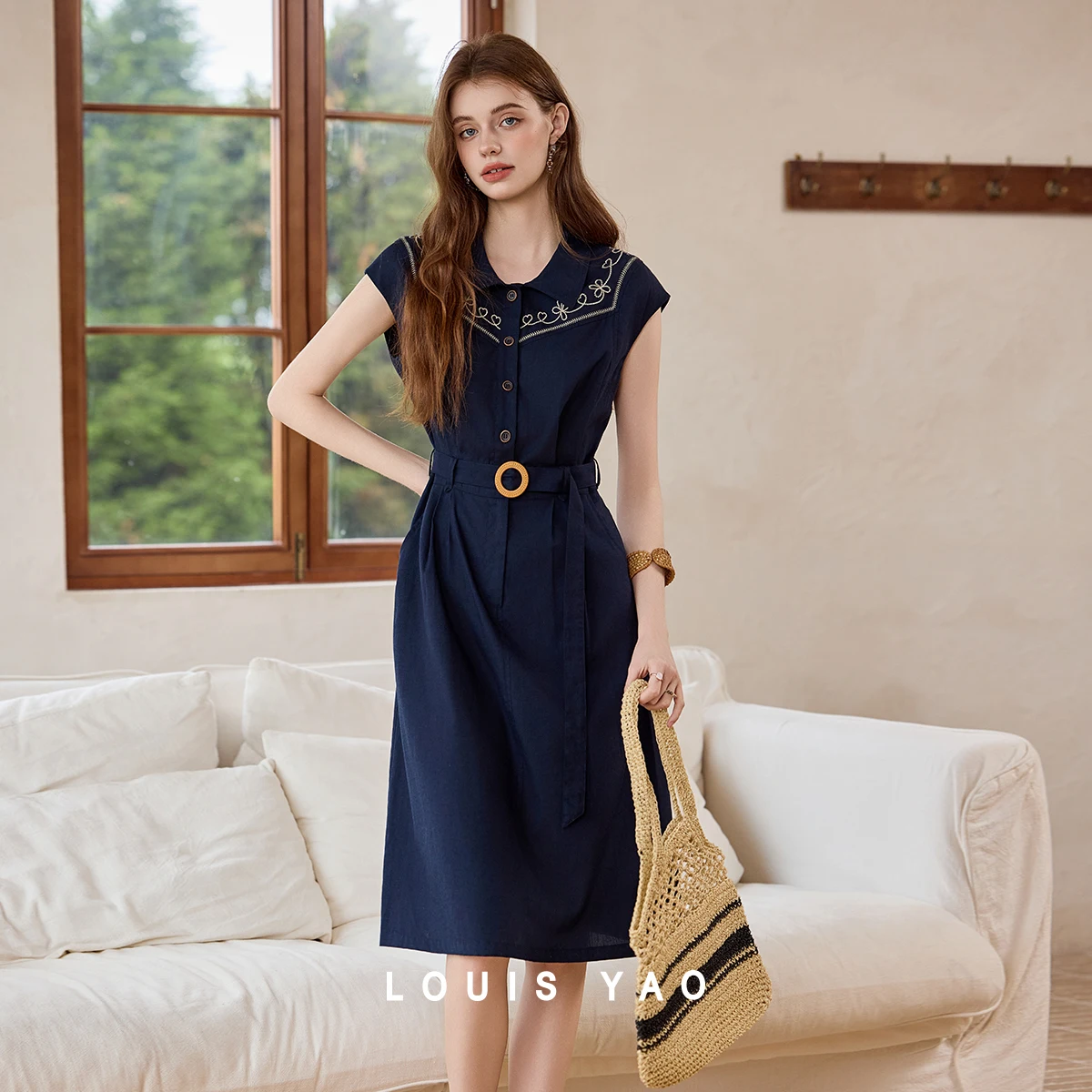 

LOUIS YAO Women Lapel Embroidered Maxi Dress 2026 Summer Sleeveless Unique Connected Shoulder Detachable Waist Belt Dress