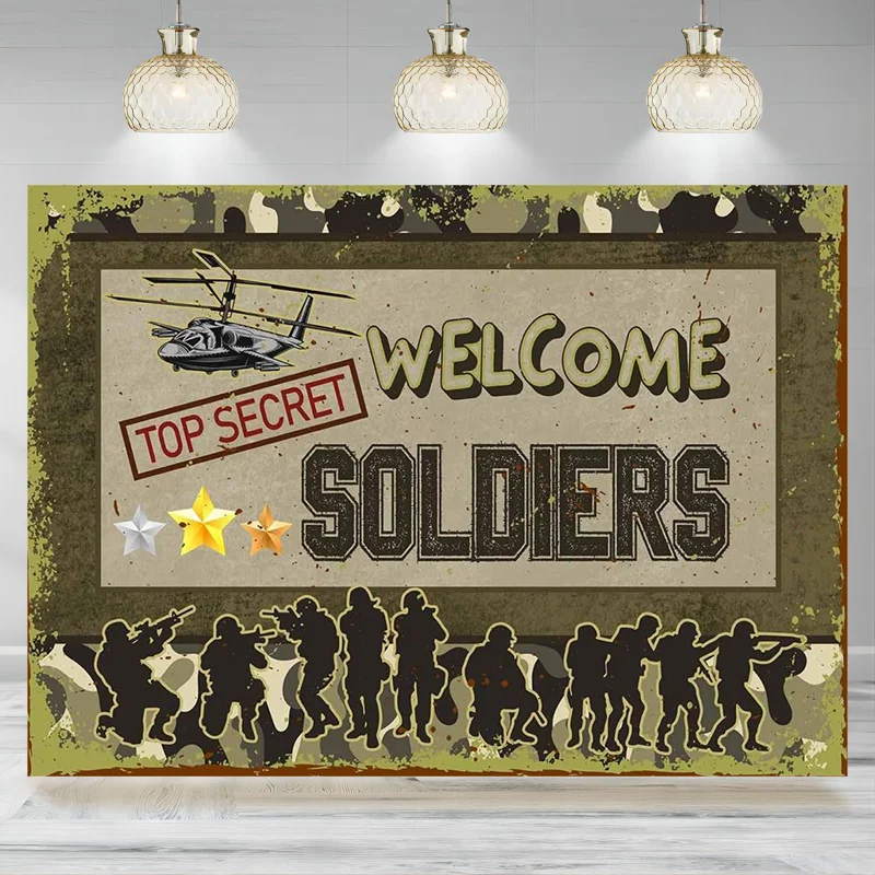 Soldier Military Backdrop Green Camouflage Top Secret Action Little Soldiers Children's Birthday Party Decoration Banner