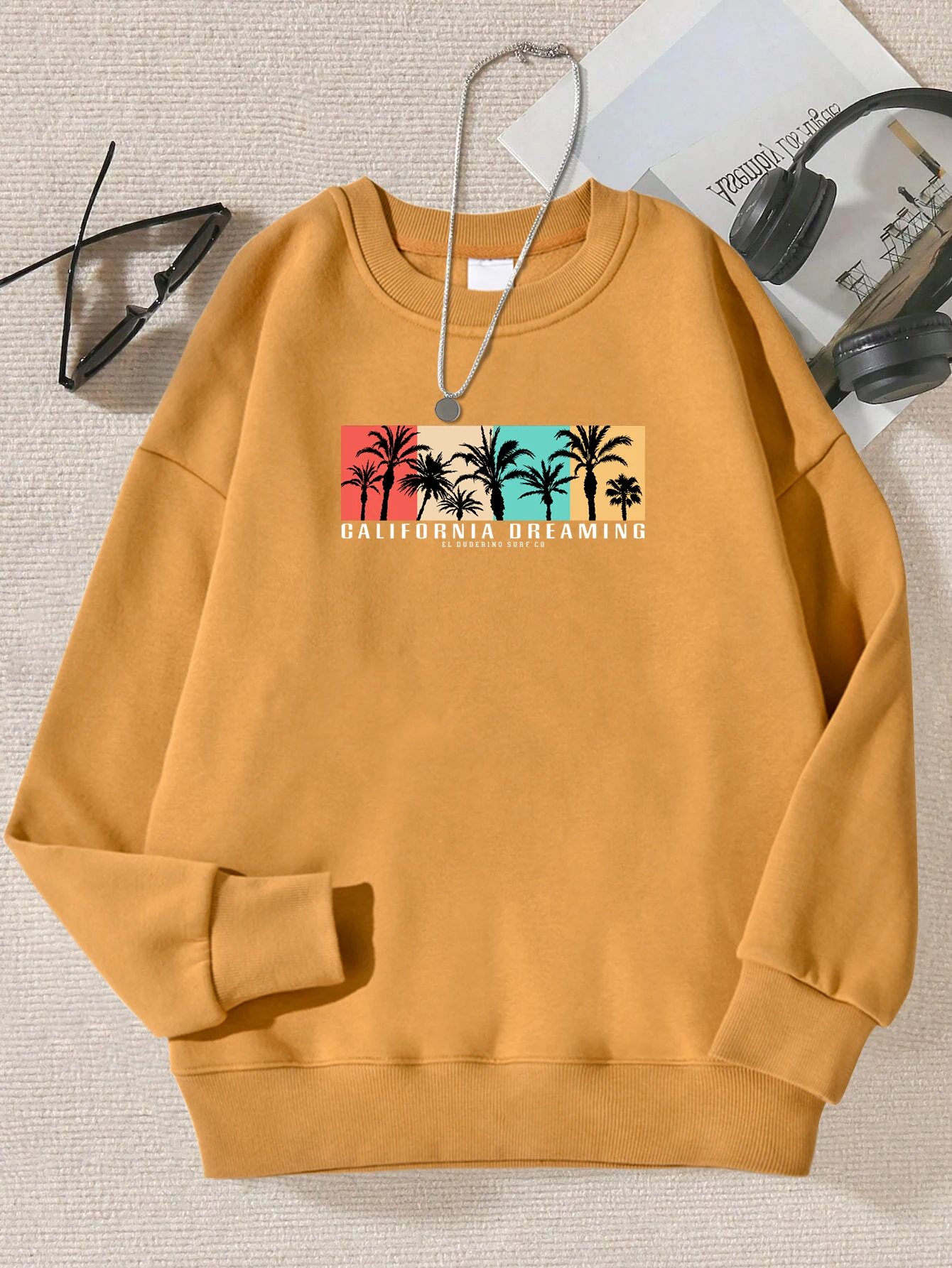 

Colorful Background Coconut Tree Design Female Sweatshirt Hip Hop Multicolor Sportswear Fleece Fashion Top Street Style Clothes