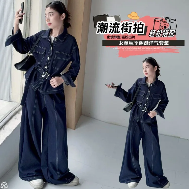 autumn teen girls Denim clothes set American Retro Collar cowboy Shirt Casual Wide Leg Pants Two Piece junior child outfits suit