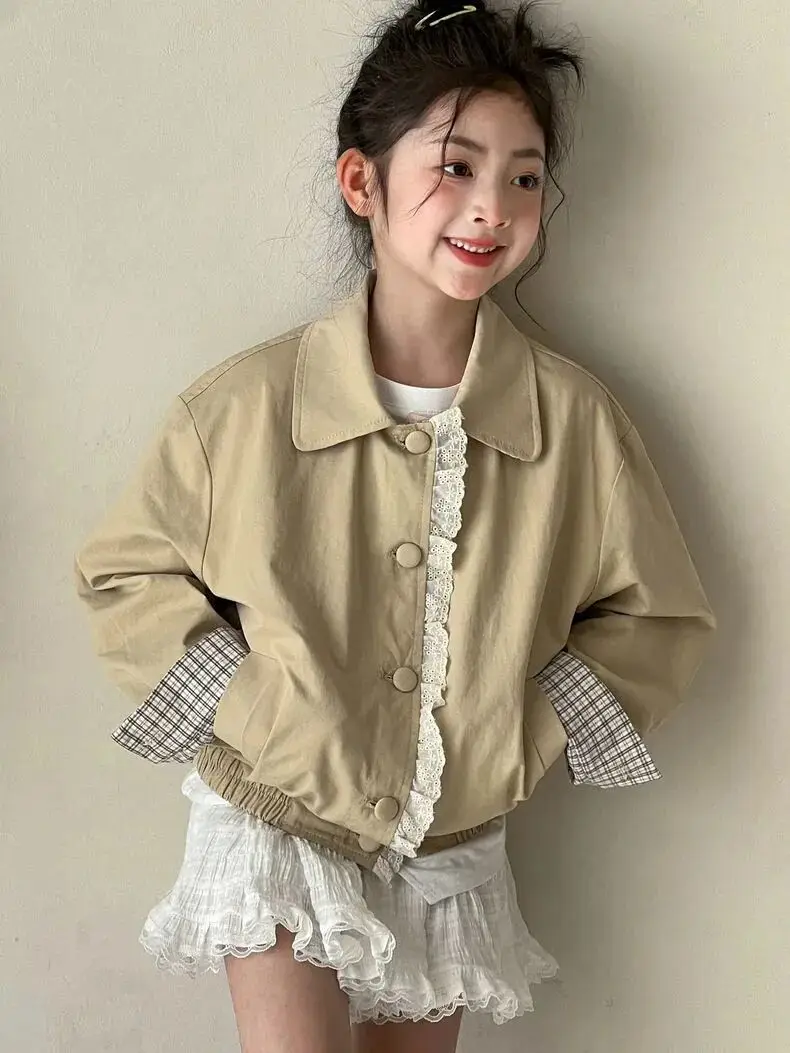 

Girls Hooded Jacket Spring Autumn New Style Children's Double-Sided Wear Zipper Plaid Jacket