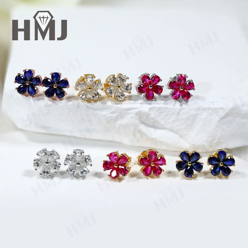 Piercing Earrings Five-petal Ear Stud Ruby Sapphire Moissanite Water Drop Shape 925 Sterling Silver Birthday Christmas Gifts