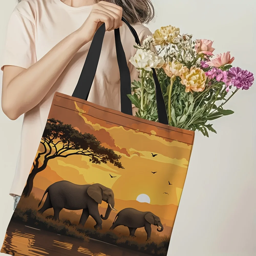 1pc Tote Bag with 2D Flat Effect, African Savanna Sunset Elephant Mother and, Acacia Tree, Waterfront, Flying Birds Scenery Illu