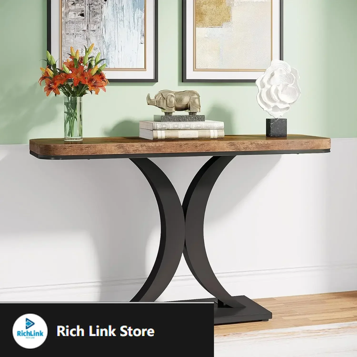 

Industrial Console Table, 40 inch Narrow Entryway Foyer Table with Geometric Base, Rustic Hallway Accent Table for Living Room