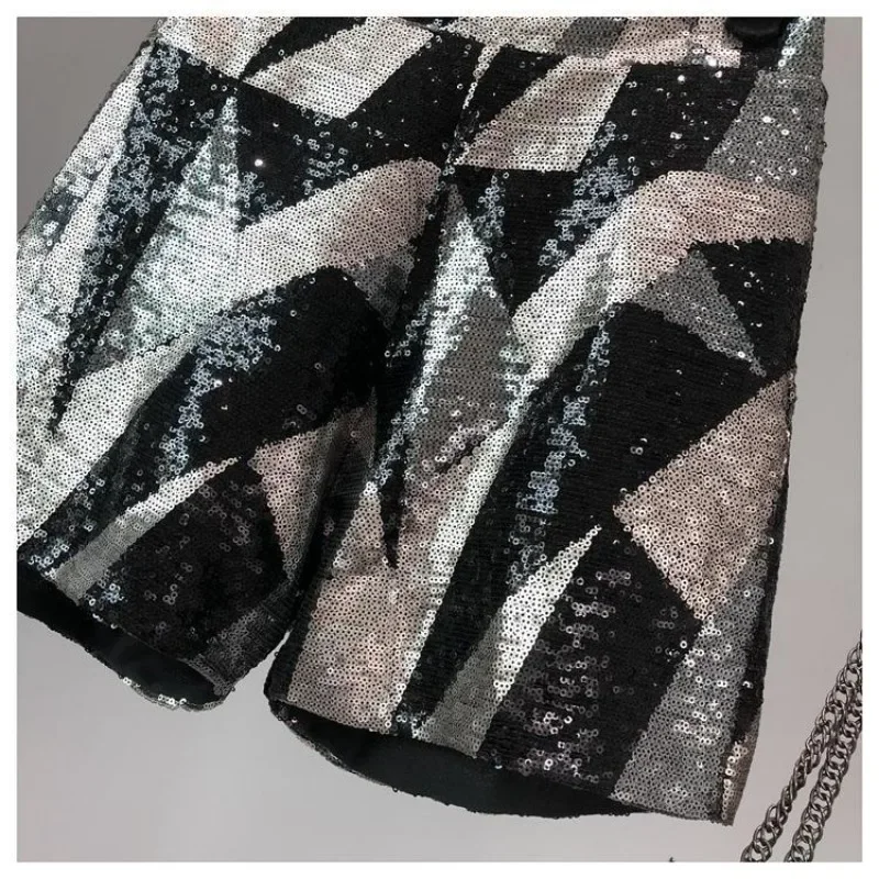 Loose Plus Size Port Style Sparkling Wide Leg Pants Sequined Zipper High-waisted Shorts with Everything Trendy Pants New Shorts