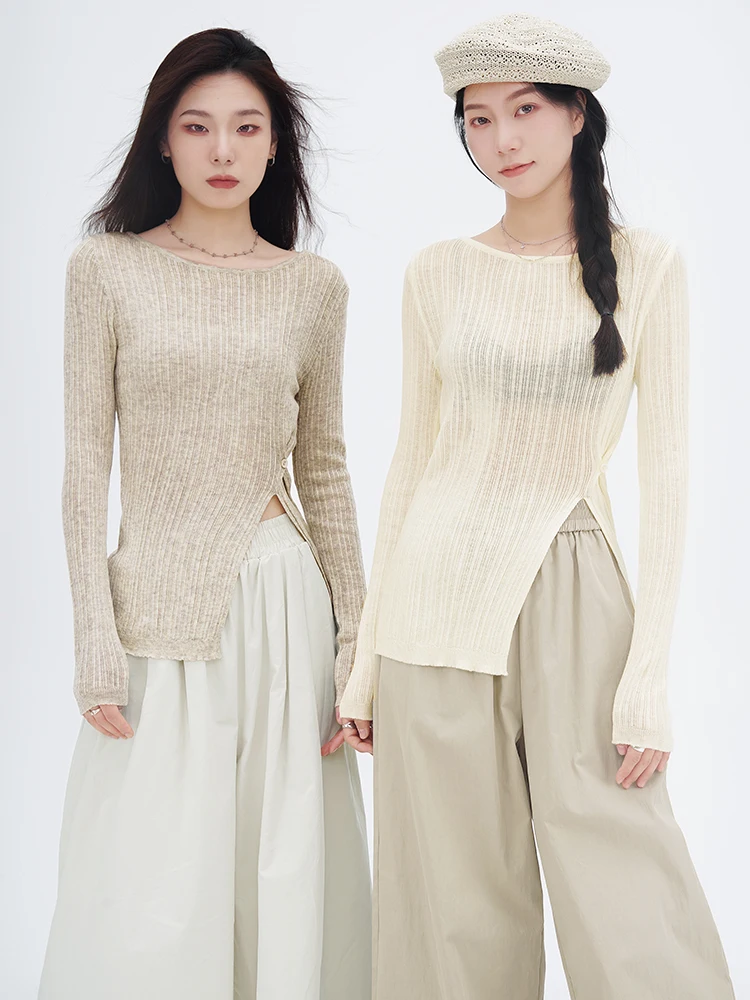 Hanada Window Htmeme Sound Slow ~ Slish Diagonal Buckle Slit Knit Sweater Female Spring & Fall Slimming Long Sleeve Top