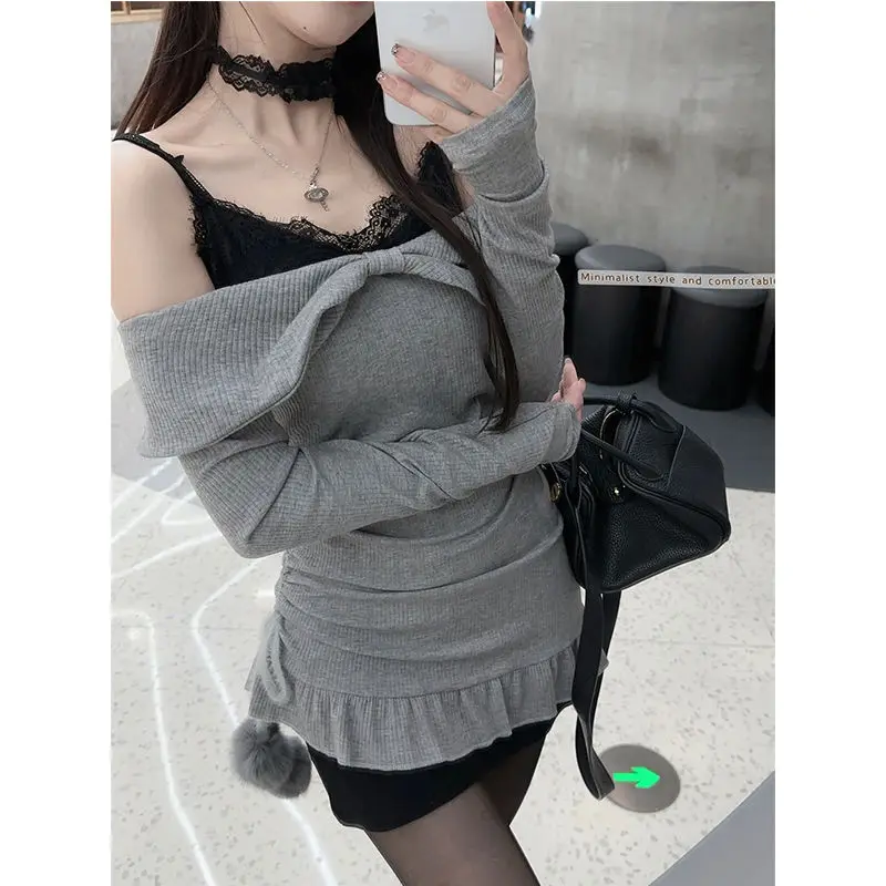 Novo nicho renda suspender saia em camadas de um ombro cordão vestido de manga comprida