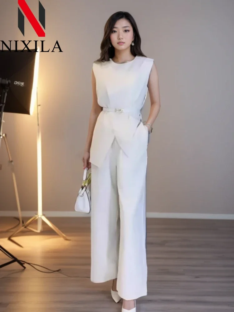 New Spring Summer Cardigan Two Piece Sets Womens Outifits Elegant Sleeveless Top Long Pant Sets Fashion Sets for Women 2 Pieces