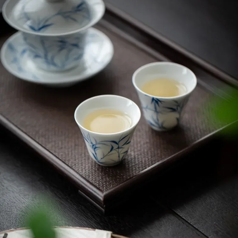 Blue and White Bamboo Hand-painted Tea Cup Single Ceramic Master Chinese Household Underglaze Color Kung Fu Tea