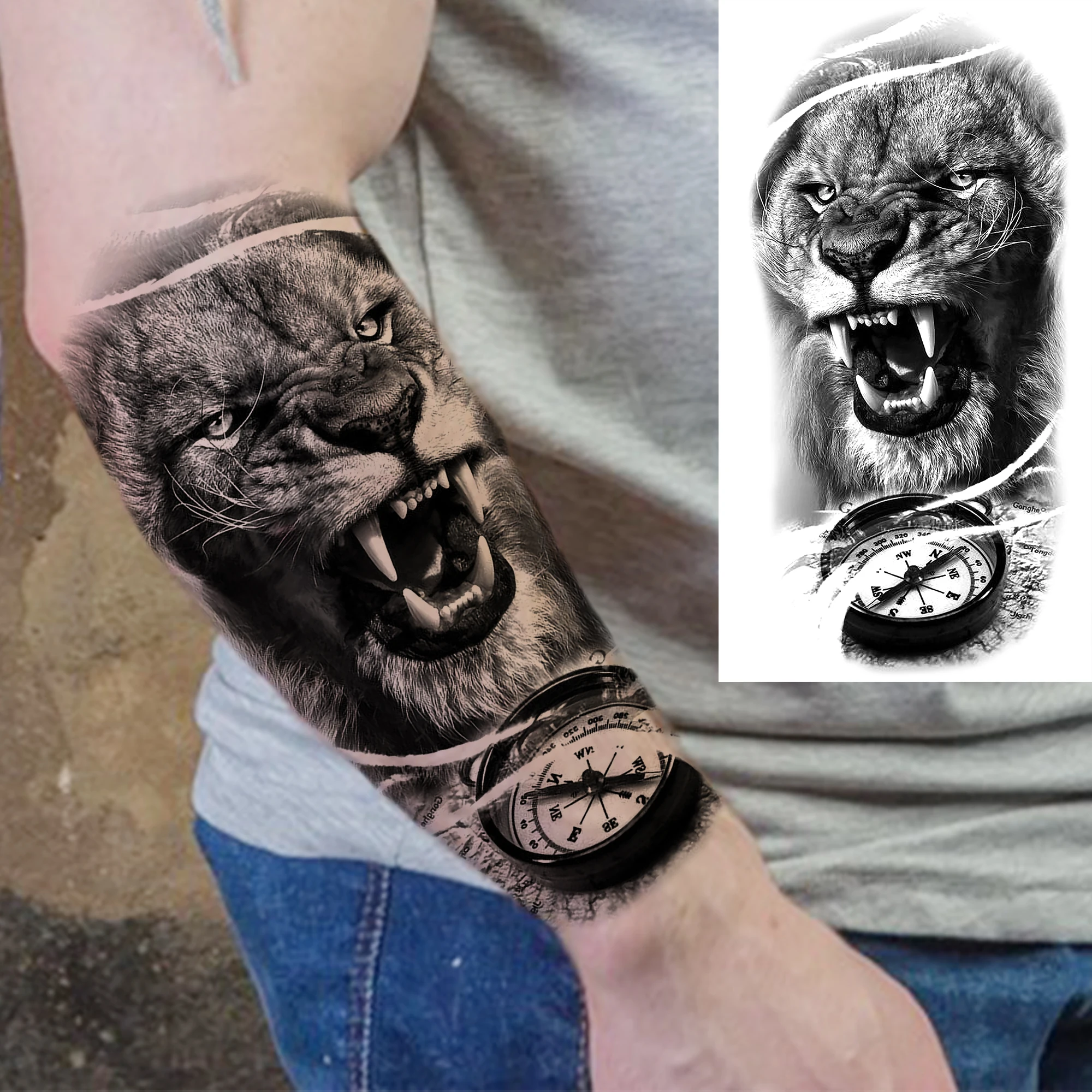 1 ورقة واقعية وهمية النمر الأسد الوشم المؤقت للنساء الرجال الكبار الجسم الساعد الذراع الساق الوشم ملصق ديكور مقاوم للماء #3