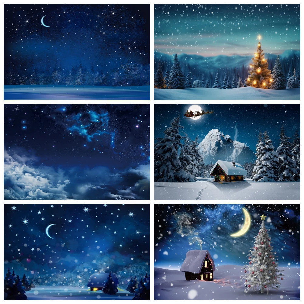 Dark Blue Sky Moon Glitter Star Photography Backdrop Christmas Winter Pine Tree Forest Snow Night Natural Scene Photo Background