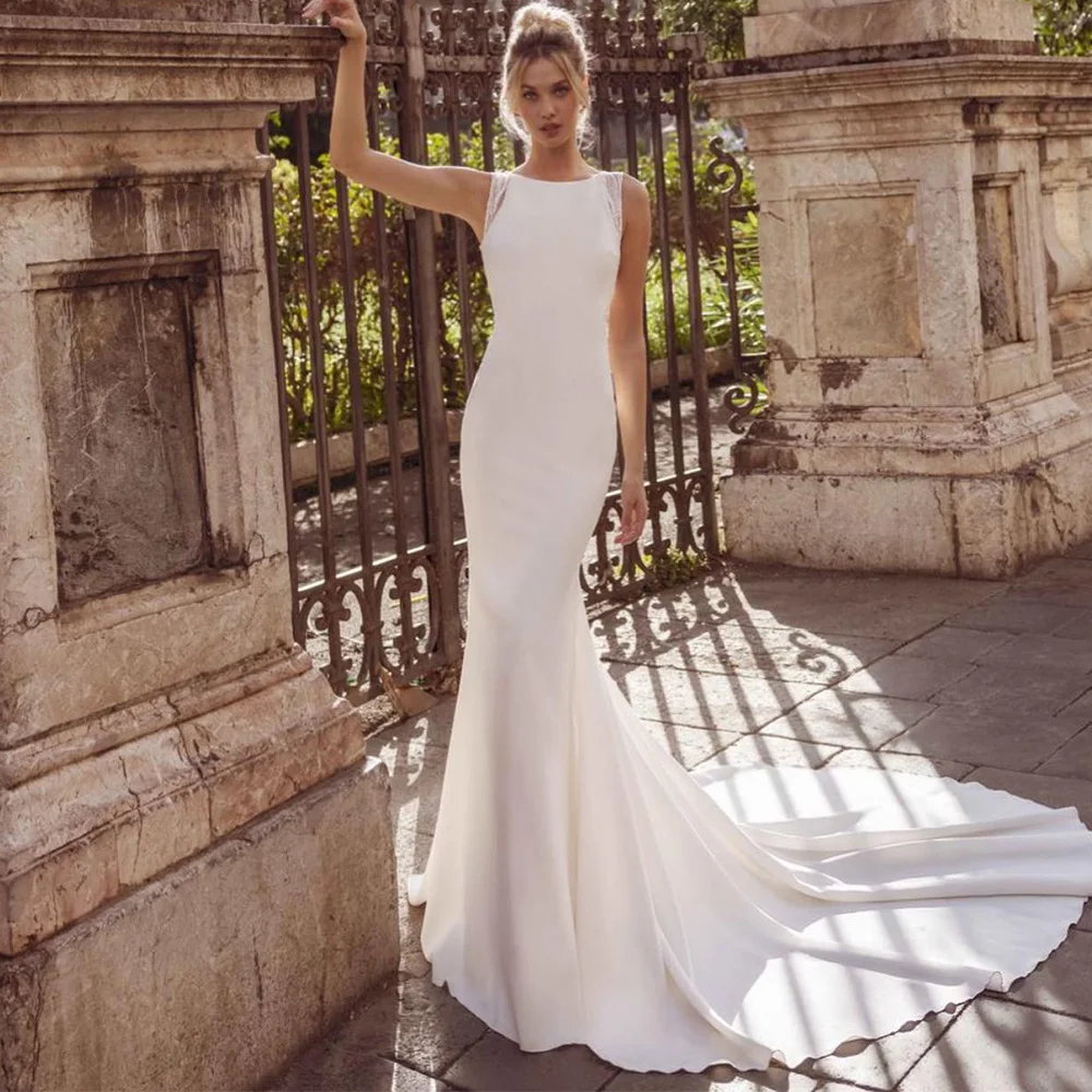

Customized High Quality Satin Bridal Gowns Modern Sleeveless O-Neck Wedding Dress Temperament Mermaid Tulle Vestido De Novia