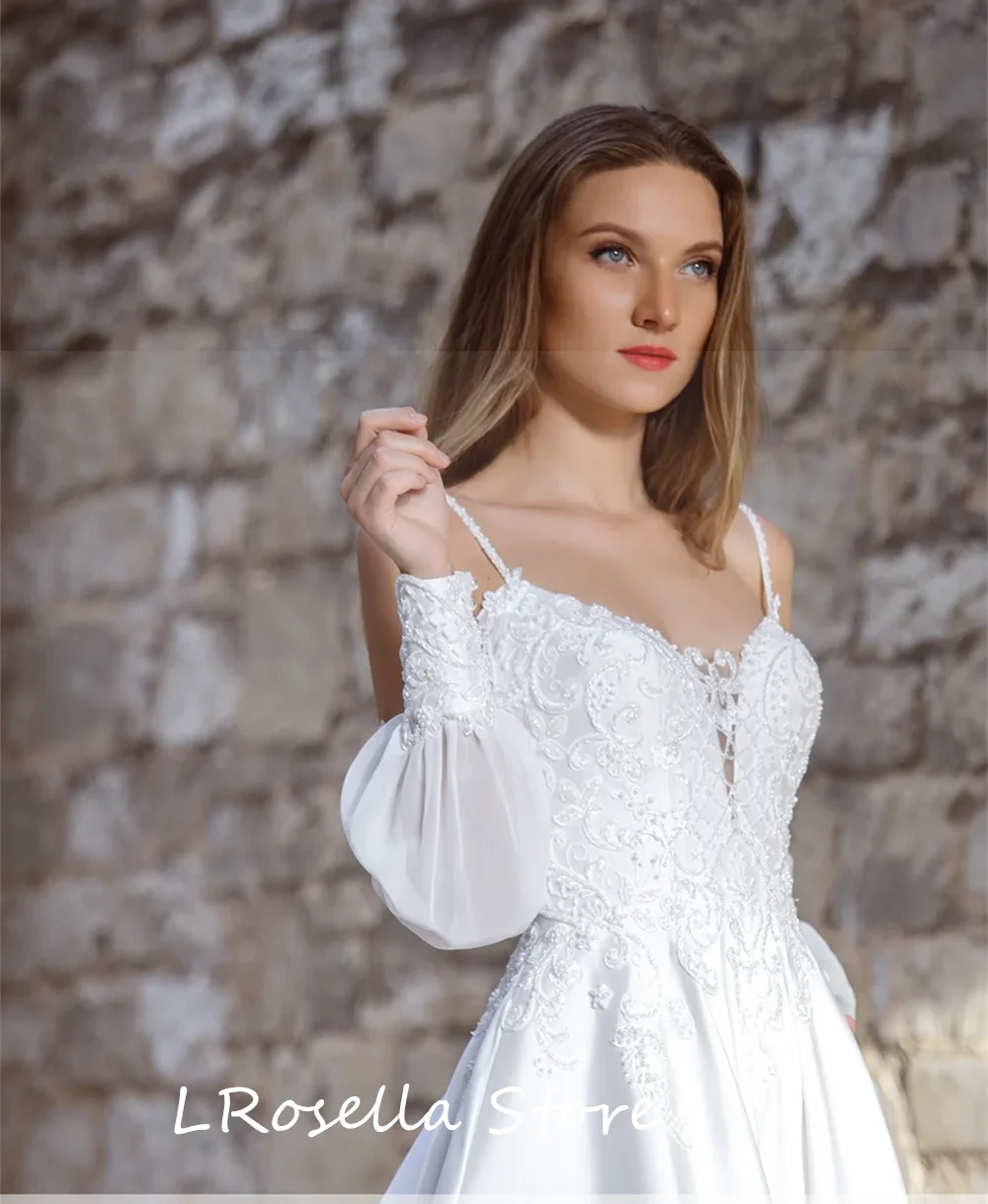 

Elegant Spaghetti Straps Beaded Appliques Lace Wedding Dress for Women A-line Long Sleeve Wedding Party Gown robe de mariée