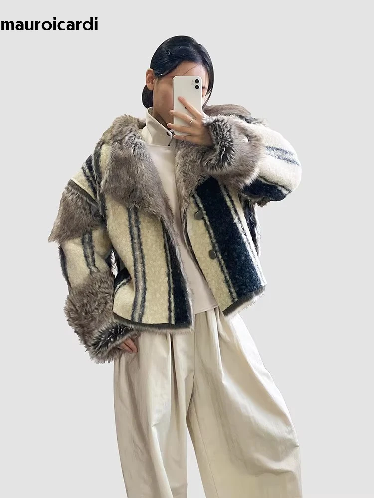 Mauroicardi Winter Short Oversized Thickened Warm Colorful Fluffy Faux Sheepskin Fur Jacket Women Luxury Designer Unisex Clothes