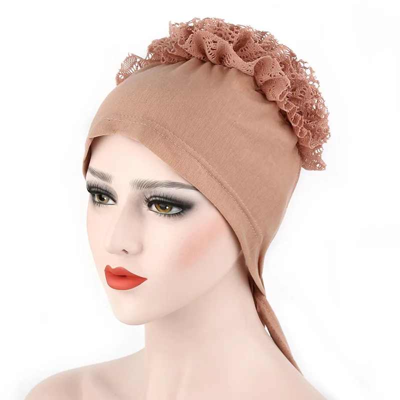 Fashipn Turban muzułmański czapka jednokolorowa koronka afryka Pan kapelusz z kwiatem arabskie indie Hijabs Bonnet kobiety Wrap Head Turbante Headtie