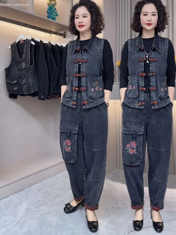 

2025 New Waed Soft Denim Embroidered Set Summer Loose Artistic Ethnic Sle Large Size Two-Piece Set Women's Faion Ensemble