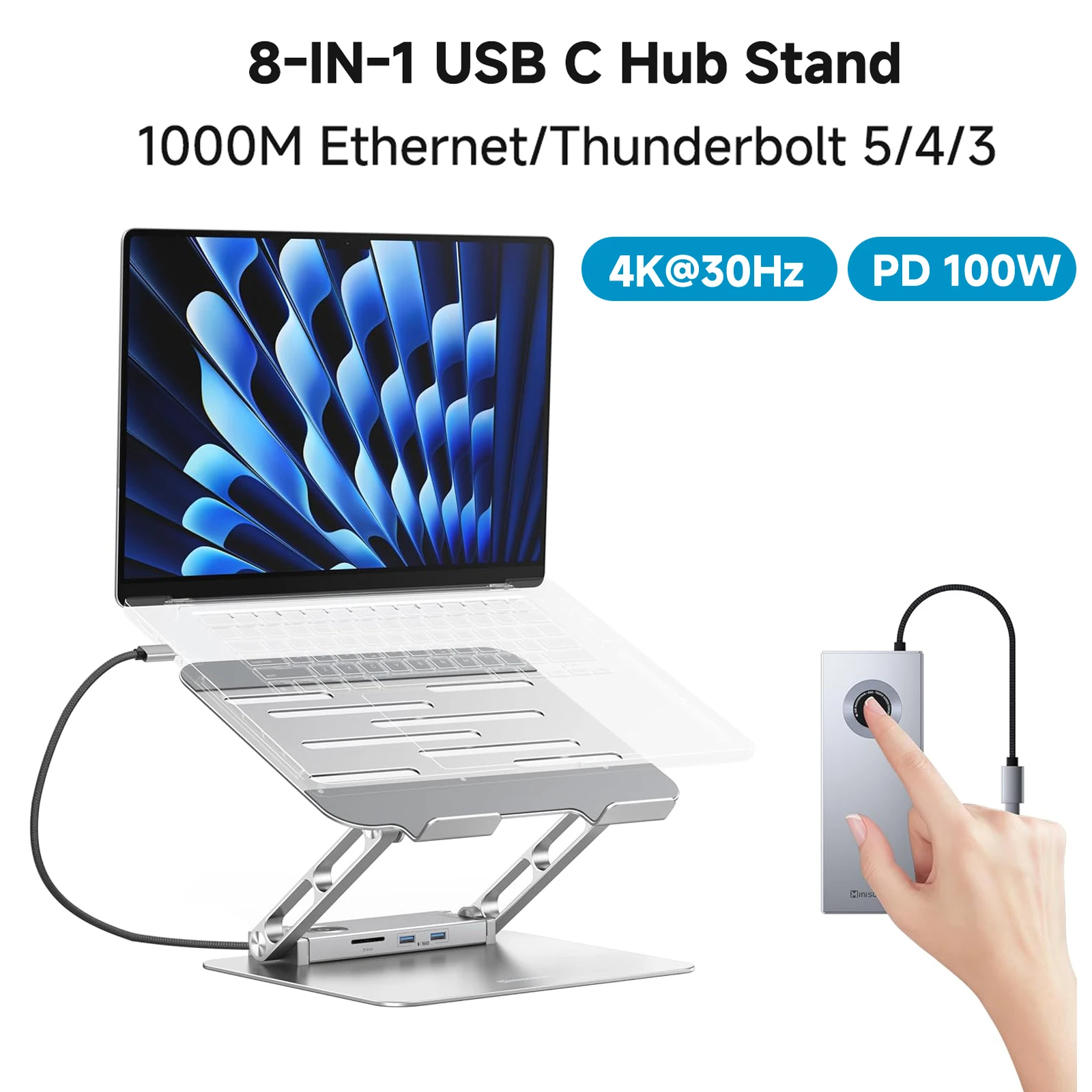 

USB C HUB Stand with 4K HDMI 100W PD USB C Docking Station for MacBook Pro Air 10-17inch Adjustable Laptop Stand