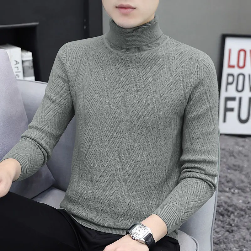 Men's Turtleneck Sweater Knitted Sweater Slim Lapel Top Pullover Clothes Solid Color Winter Thick Thread