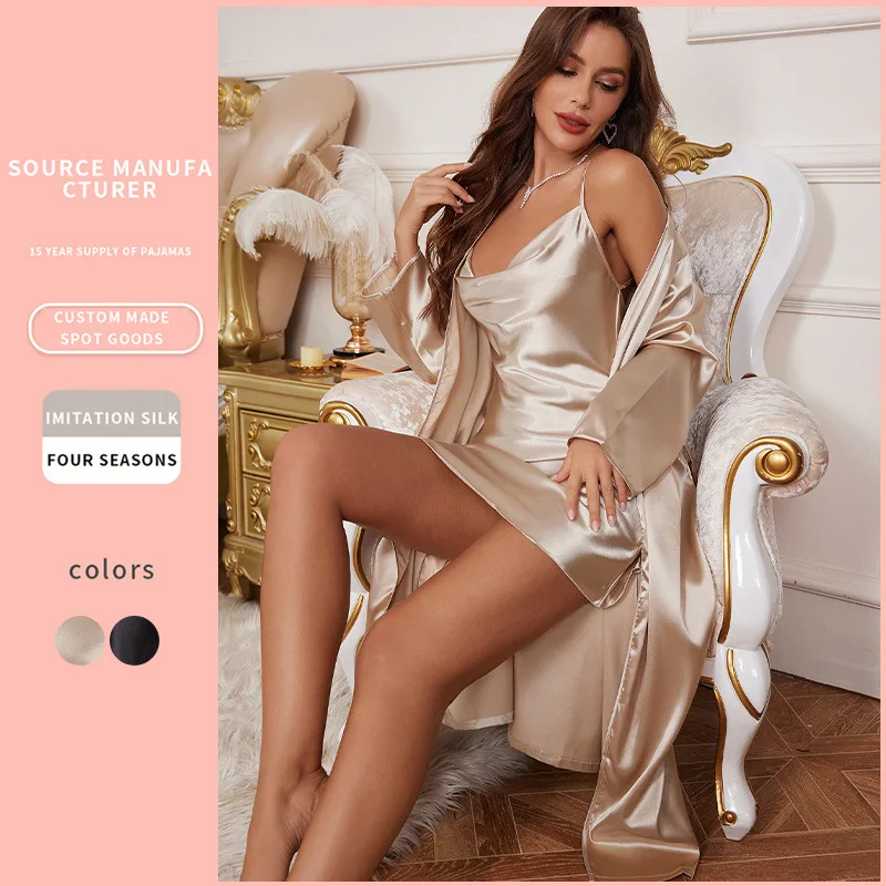 

European and American Style Pajamas Two-Piece Set Fashion Sexy Homewear Set Casual Ice Silk Camisole Nightgown Wholesale