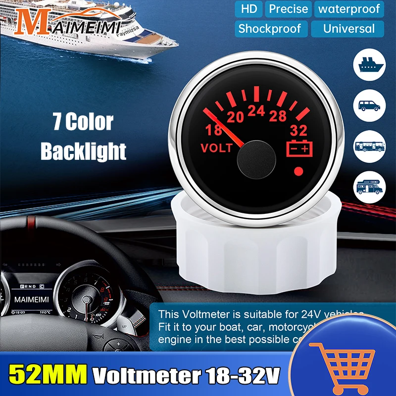 

52mm Voltmeter 7 Colors Backlight Voltage 8-16V 18-32V Volt Meter Gauge With Warning Light Universal For 12V 24V Boat Car Marine