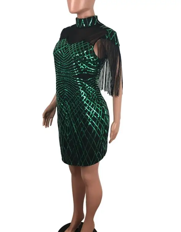 

New Round Neck Women's Slim Autumn & Winter Sequin Tassel Sexy Dress Female Fashion Mock Neck Party Dresses