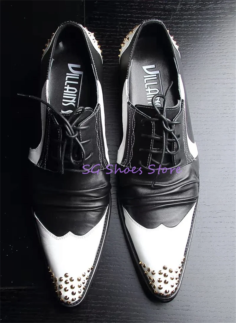 Mixed Color Rivet Pointed Toe Lace-Up Oxfords Male Business Dress Loafers Retro Carving Leather Splicing Brogue Shoes for Men