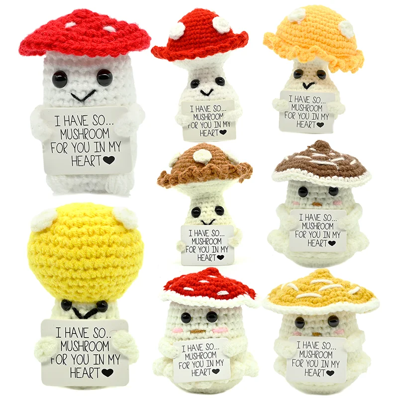 PlantSeries Positive Energy Mushroom Crochet Doll Handmade Knitted Potted Plant Hug with Encouragement Card Mini Desk Decor Gift