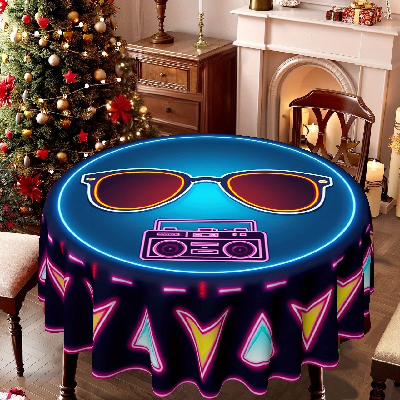One Christmas-themed tablecloth with a neon style design, featuring fashionable glasses and audio patterns