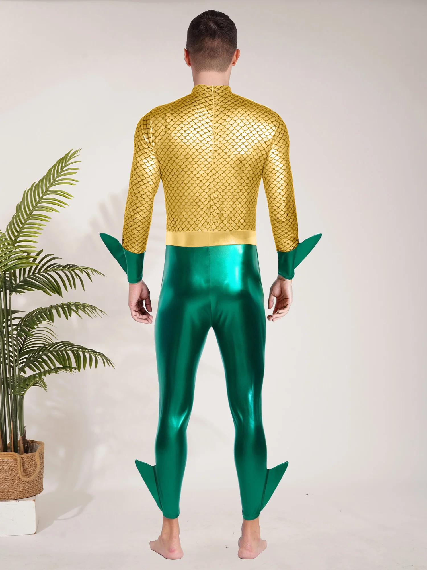 Men Halloween Theme Party Movie Aquaman King of The Sea Cosplay Costume Long Sleeve Metallic Shiny Fish Scale Print Jumpsuit view 5