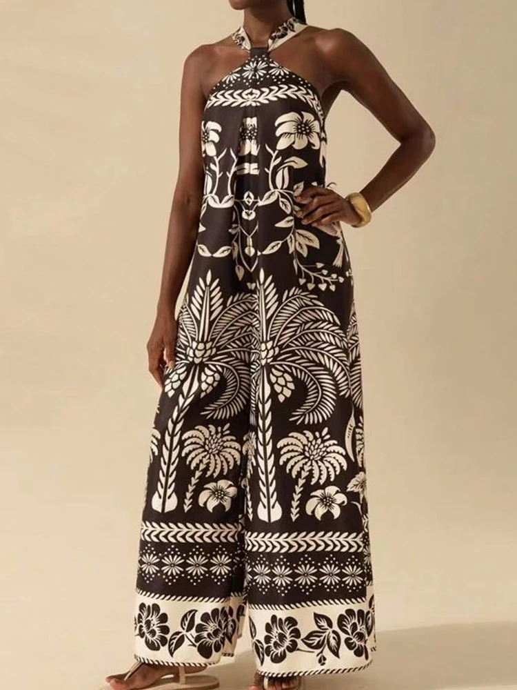 Women Summer Wide Leg Pants Playsuits, Holiday Sleeveless Halter Fashion Jumpsuits, 2025 Print Patchwork Loose Ladies Bodysuits