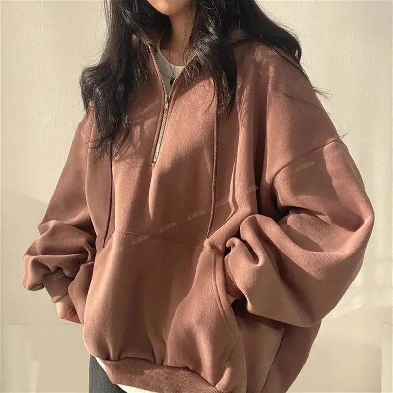 2025 nueva moda Simple cremallera de lujo con capucha Sweatershirt abrigo de mujer primavera otoño moda suelta estilo perezoso tendencia multitud felpa