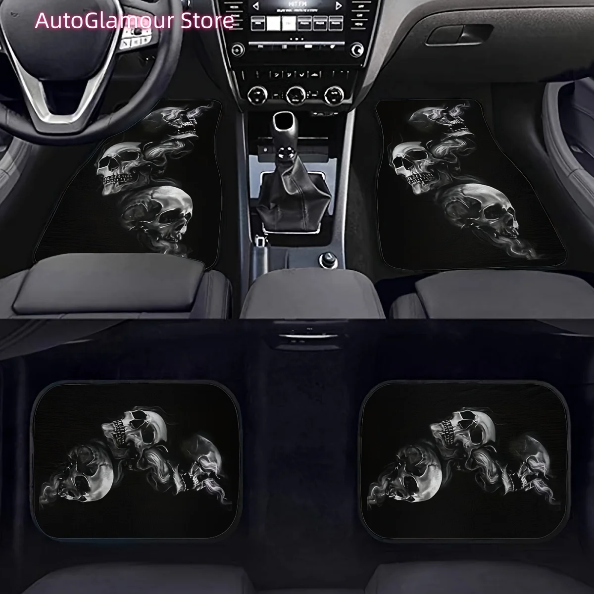 Set of 4 Car Floor Mats Featuring a Spooky Skull Design, Designed to Absorb Water And Fit Most Front And Rear Seats, Providing P