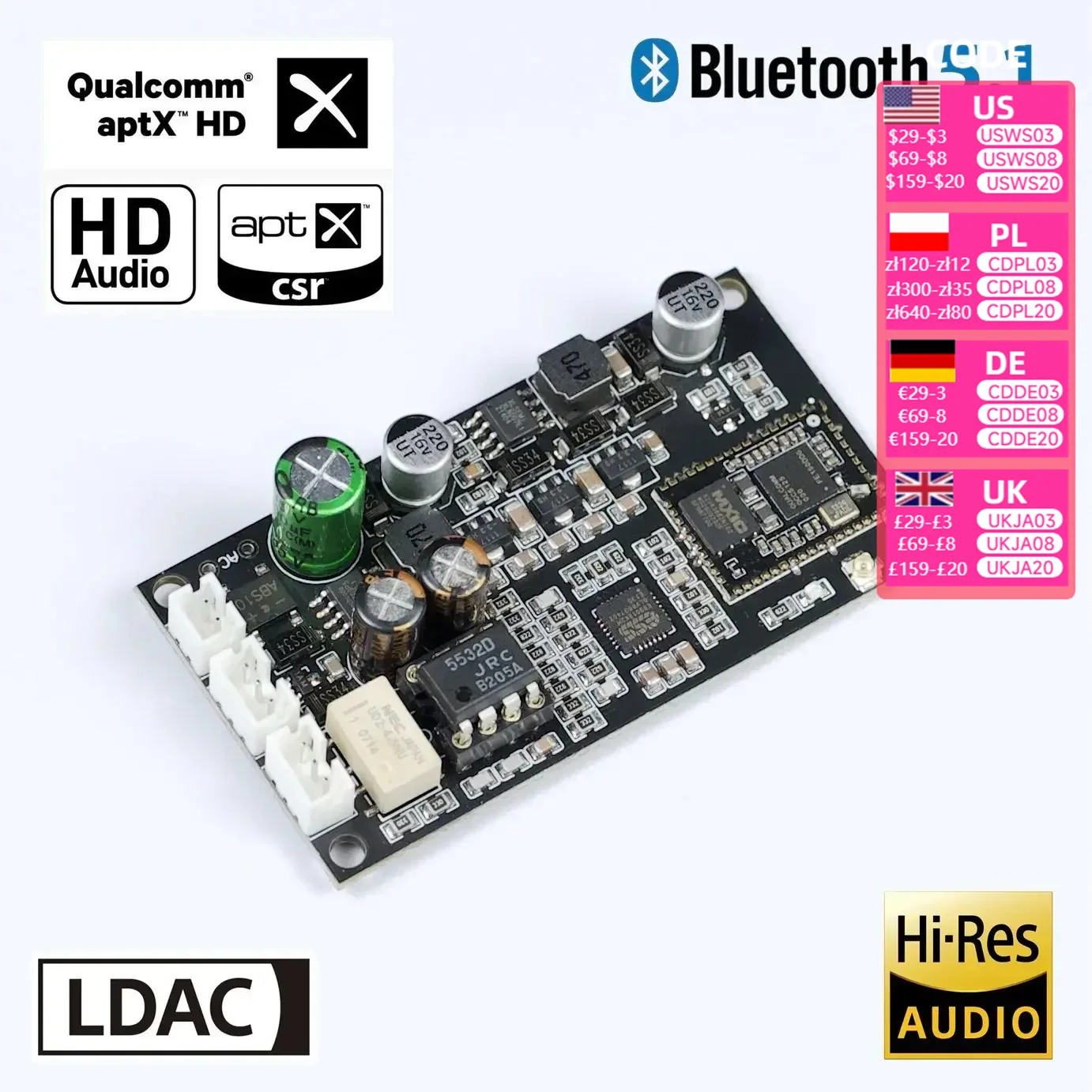 Nvarcher ES9038 Bluetooth 5.1  QCC5125 Wireless Receiving Board ES9018K2M Decode Moudle Support LDAC/APTX 24bit/96Khz