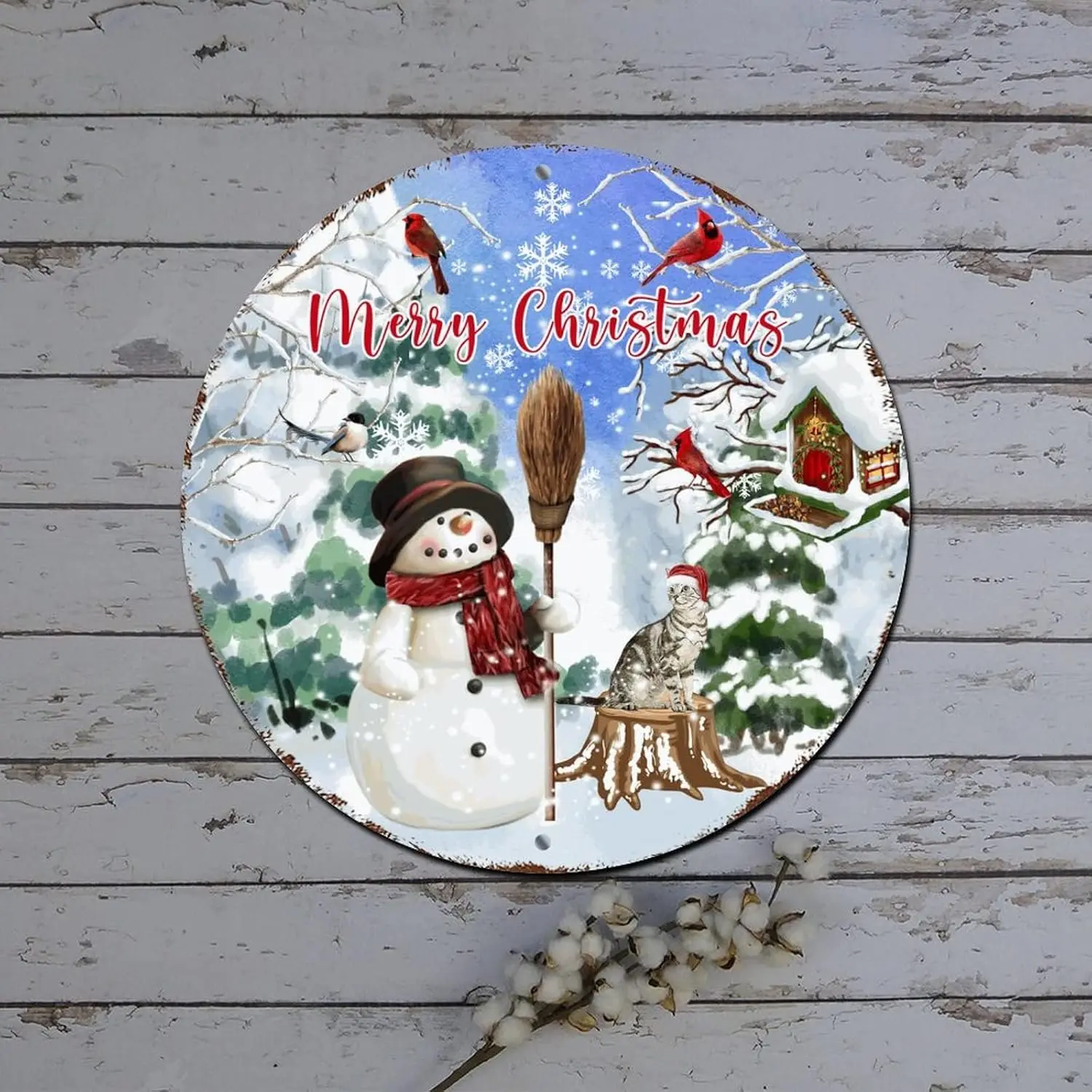 Metal Tin Christmas Signs Winter Scene Snowman Cat with Santa Hat Round Metal Tin Sign Christmas Joy Decor Shabby Metal Sign for