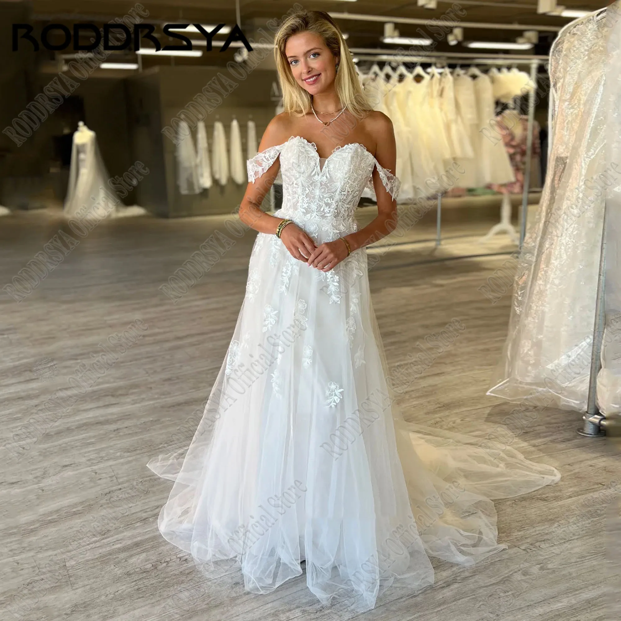 

RODDRSYA Off Shoulder Wedding Dress Sweetheart Lace A-Line Bride Gowns Applique Backless Boho Bridal Dresses vestidos de novia