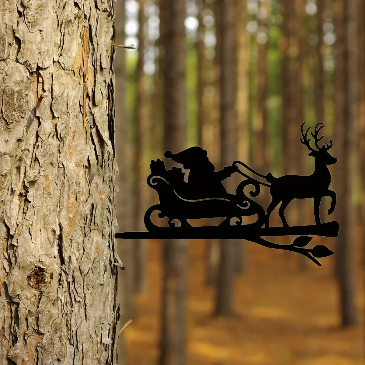 Splendid 1pc Reindeer and Santa Claus Metal Wall Decoration – Majestic Steel Silhouette on Branch. Grand for Home, Garden