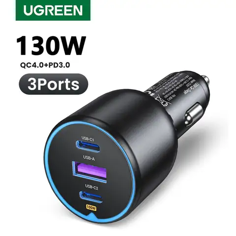 UGREEN 130W USB C cargador de coche para Xiaomi iPhone 17 Samsung Galaxy S25 portátiles Tabet PD3.0 carga rápida USB tipo C cargador de coche