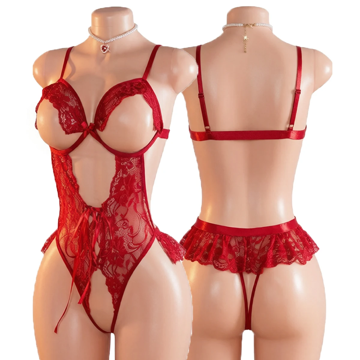 Sexy Lace Bodysuit Women Erotic Teddy Lingerie Harness Open Crotch Garter Belt Bow Ruffle Mini Skirt Nightwear Underwear
