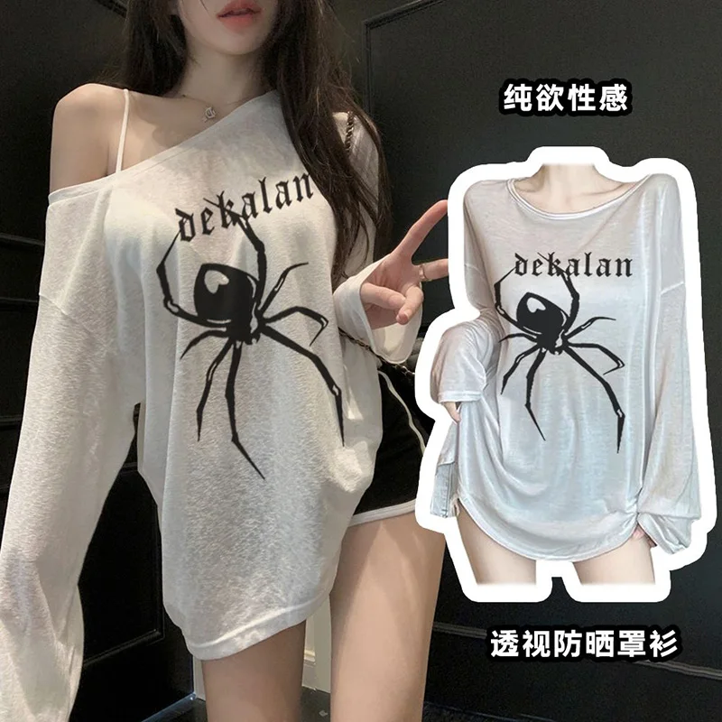Sexy Loose Thin Perspective Long Sleeve T-Shirt for Women Summer New Cartoon Printing O-neck Sunscreen Y2K Tops