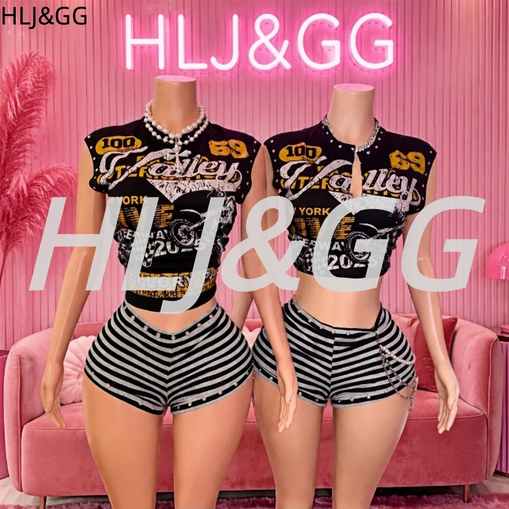 HLJ&GG Trend Fashion Pattern Letter Print Rivet Tshirts Two Piece Sets Women Round Neck Sleeveless Top And Stripe Shorts Outfits