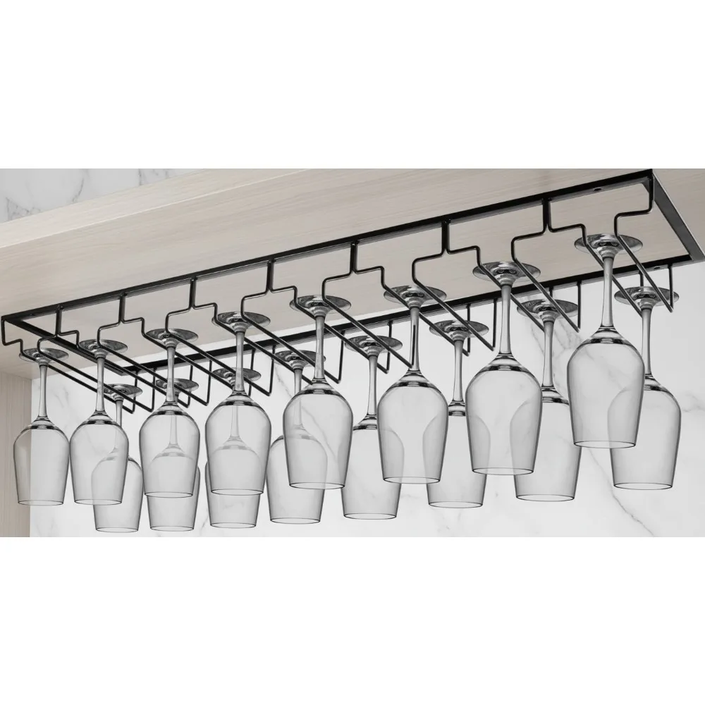 

8-Row Under Cabinet Wine Glass Rack, Large Stemware Holder for Kitchen Bar Storage with Screws (Black)