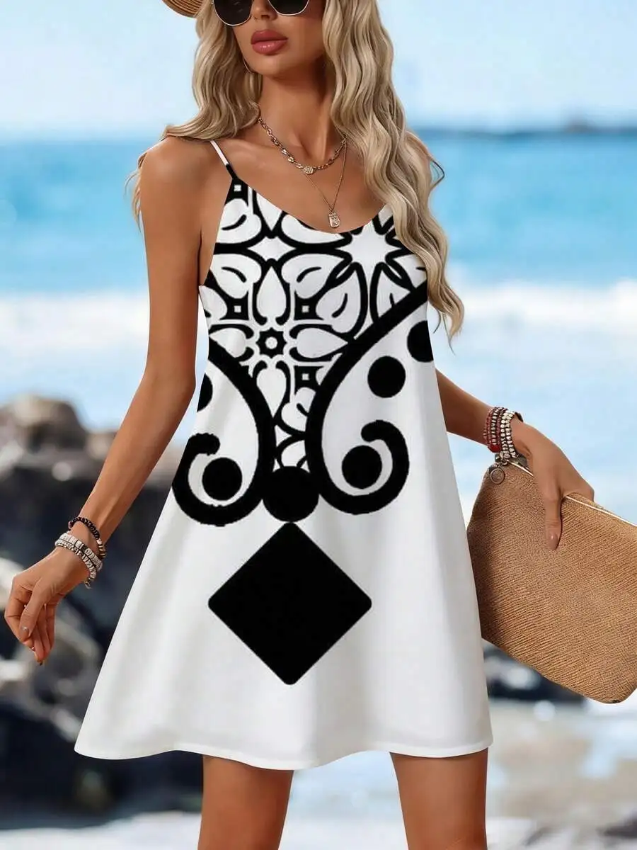 

Womens V Neck Sleeveless Mini Dress With Black And White Geometric Print Beach Vacation Dress