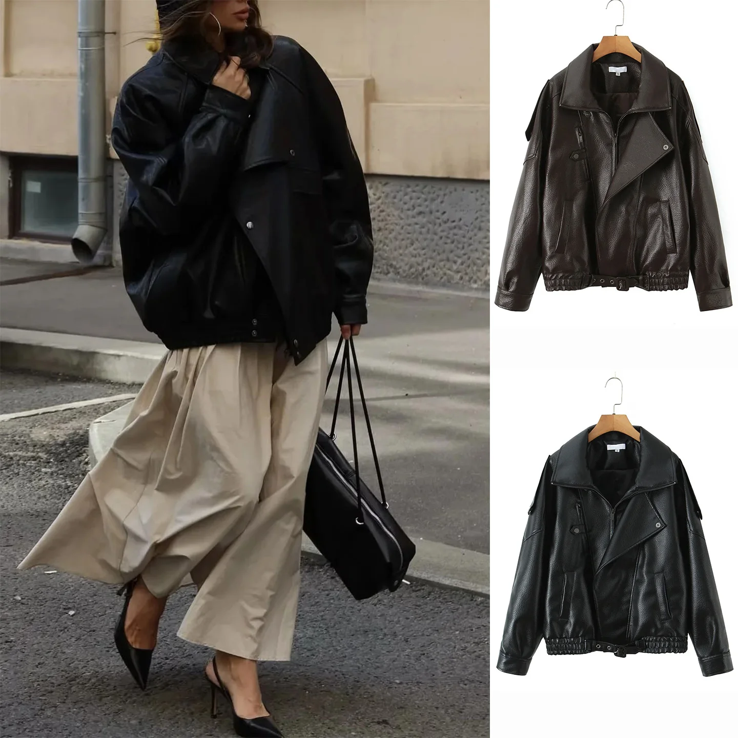 

Новое осеннее поступление, женское мотоциклетное пальто в стиле ретро, простой воротник-стойка, длинное пальто из искусственной кожи, пальто из полиэфирного волокна