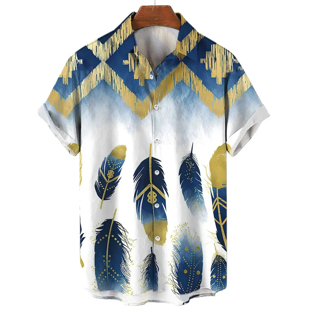 Men's And Women's Short Sleeve Shirts Casual Feather Pattern Print Button-Down Shirt Tops