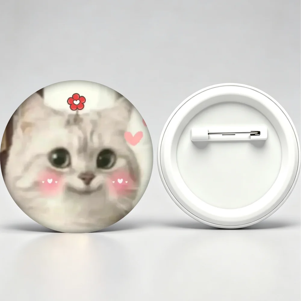 Handmade Creative Brooch Pin 32mm 44mm 58mm Tinplate Badge, Blush Cute Flower Cat Meme Lapel Pin, Clothing Gift Accessory